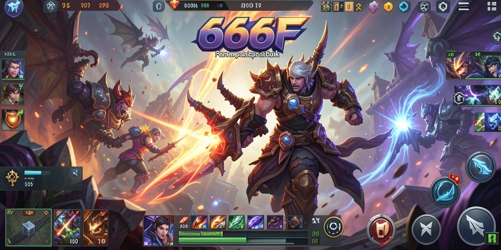 Screenshot gameplay epik dari 666F di arena MOBA.