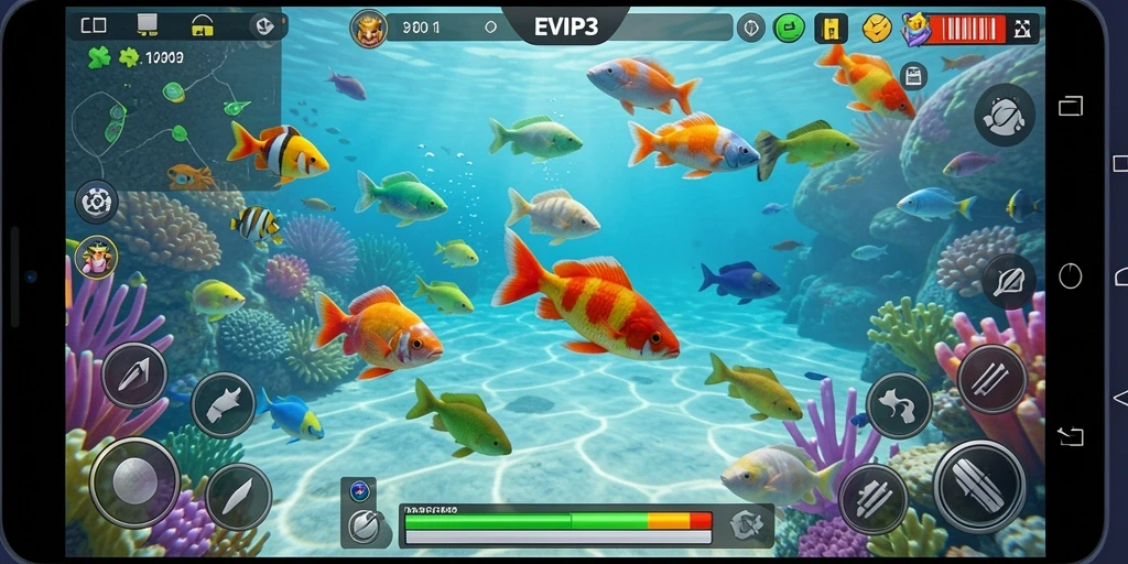 Tampilan screenshot utama EVIP3 menampilkan aksi menembak ikan yang seru.