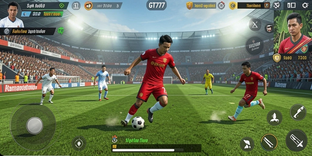 Tampilan gameplay GT777 dengan aksi sepak bola yang seru.