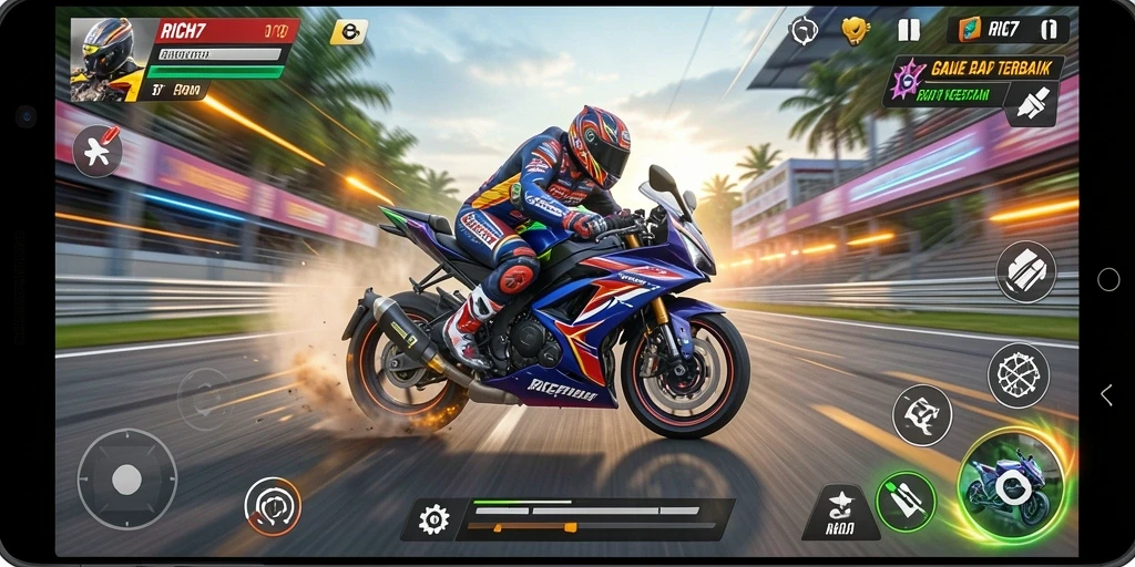 Tampilan gameplay RICH7 yang menegangkan di trek balap.